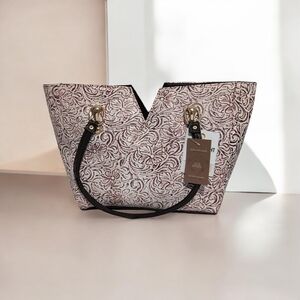 New Artisan Floral Tote Bag - Black & Cream Canvas - Genuine Leather